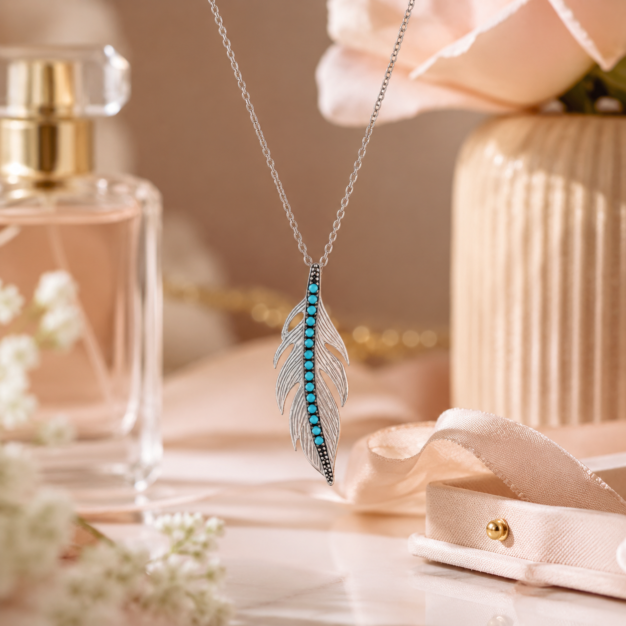 Collier Plume Argent 925 Rhodié & Turquoise Synthétique