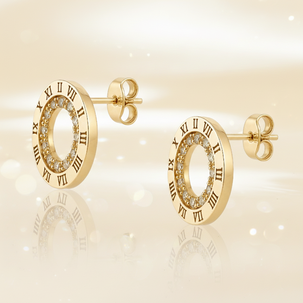 Boucles d’oreilles Cercle Romain – Plaqué Or & Zirconium – Style Luxueux