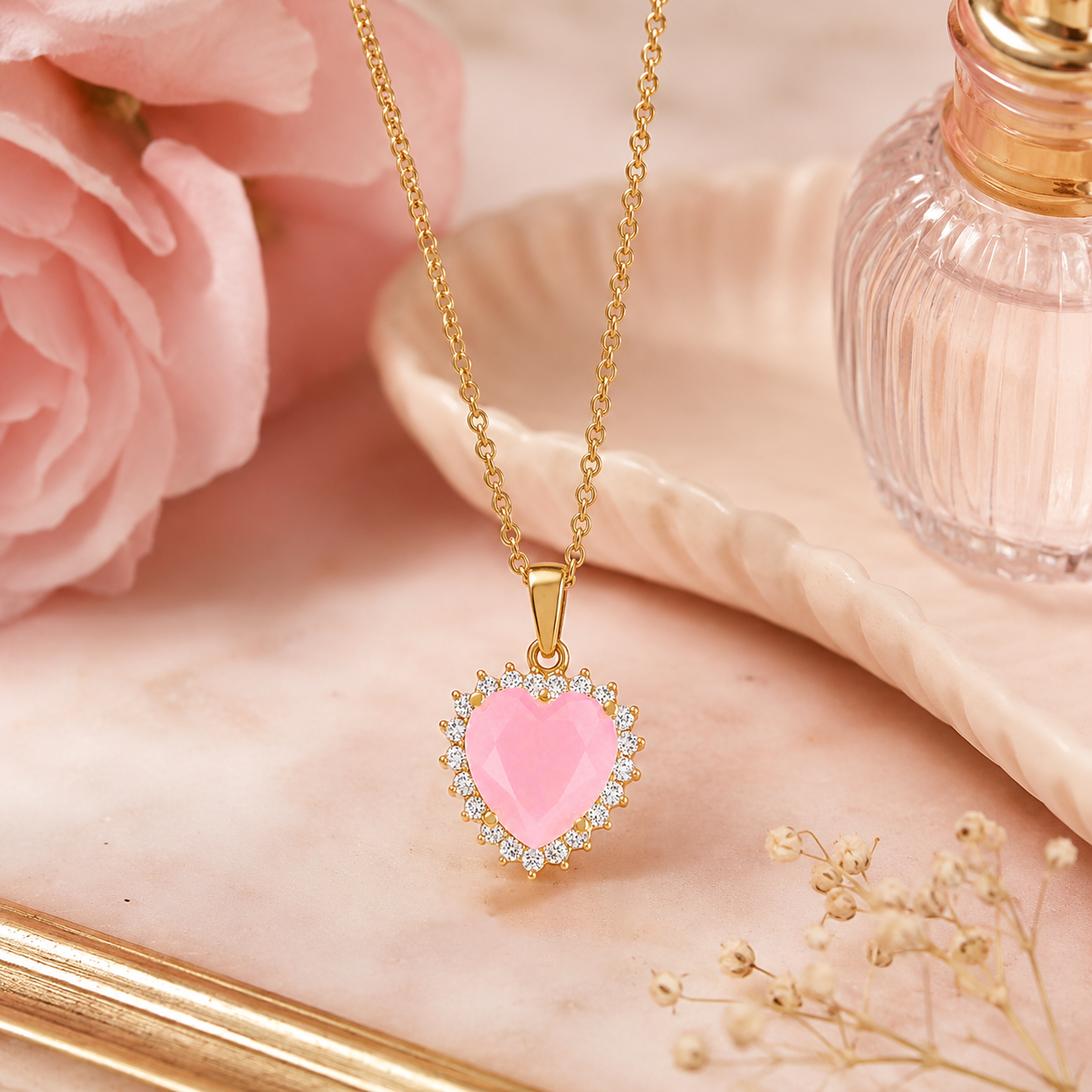Collier Cœur Rose – Plaqué Or Jaune 18 Carats