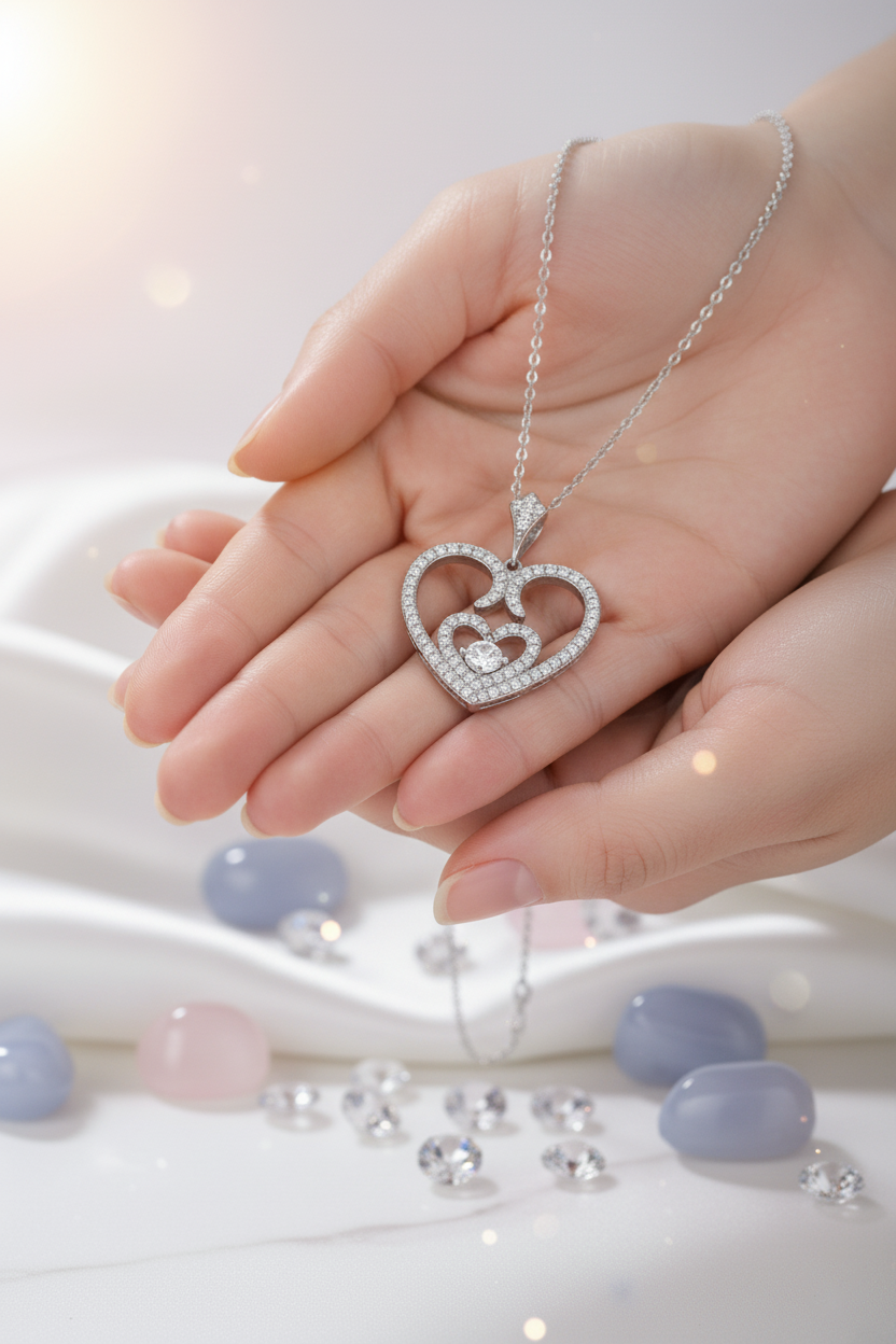 Collier Cœur en Argent 925 Rhodié & Zirconium – Pendentif Double Cœur