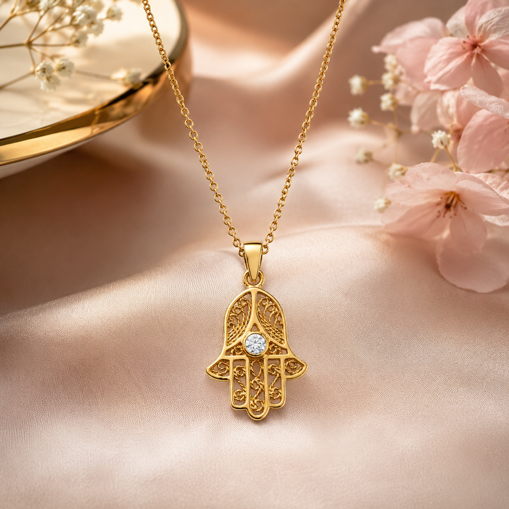 Collier Main de Fatma Plaqué Or Jaune 18 Carats & Zirconium Blanc