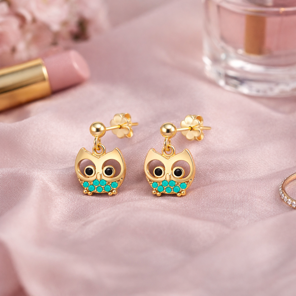 Boucles d’oreilles Hibou – Plaqué Or 18 Carats & Zirconium