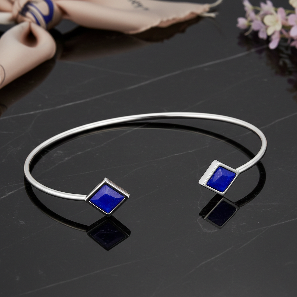 Bracelet Jonc Ouvert en Argent 925 Rhodié & Lapis Lazuli