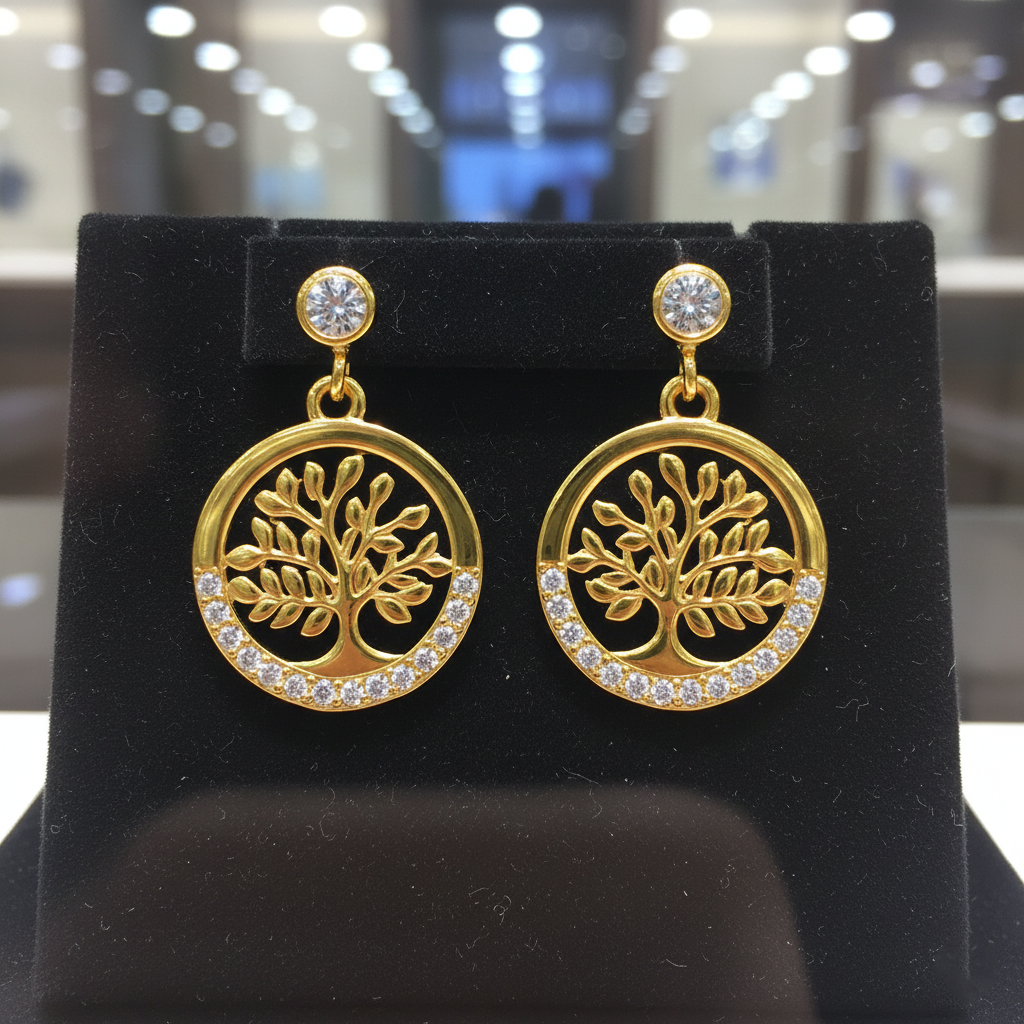 Boucles d’Oreilles Arbre de Vie – Plaqué Or & Zirconium – Bijou Symbolique et Étincelant