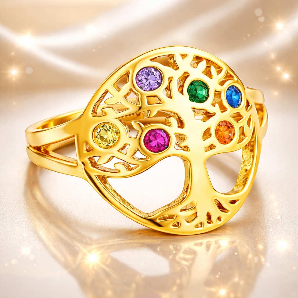 Bague Arbre de Vie – Plaqué Or 18 Carats & Zirconium Multicolore