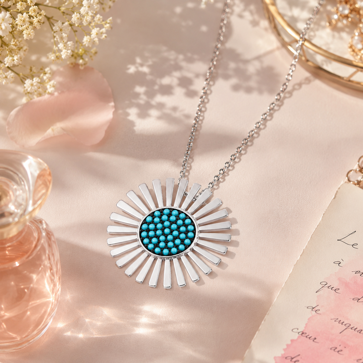 Collier Soleil Turquoise Argent 925 Rhodié