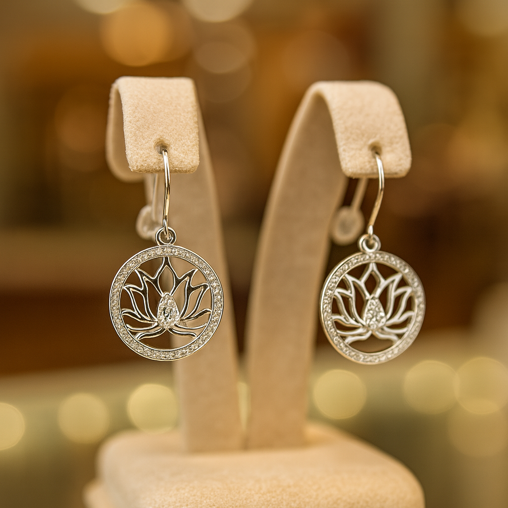 Boucles d’Oreilles Lotus en Argent Rhodié & Zirconium Blanc – Élégance Florale