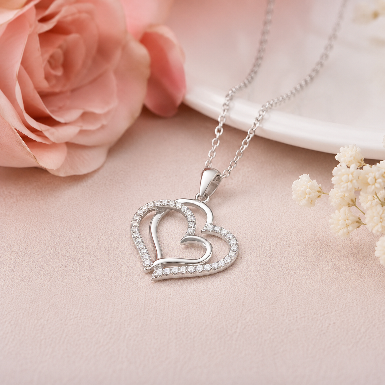 Collier Cœurs Entrelacés en Argent 925 Rhodié & Zirconiums