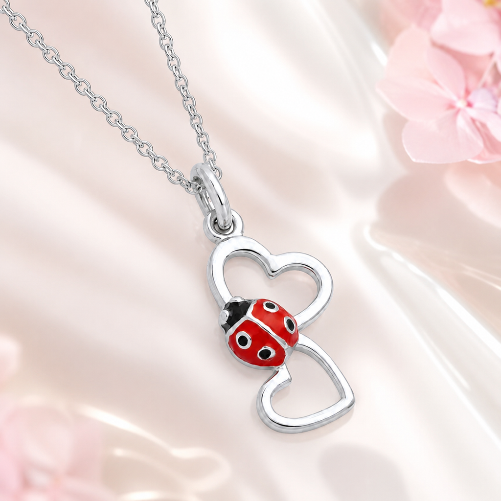 Collier Coccinelle 2 Cœurs en Argent 925 Rhodié & Laque Rouge