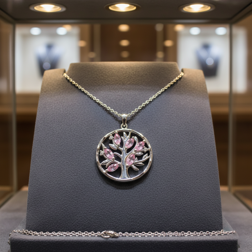 Collier Arbre de Vie en Argent 925 Rhodié & Zirconium – Pendentif Pierre Rose