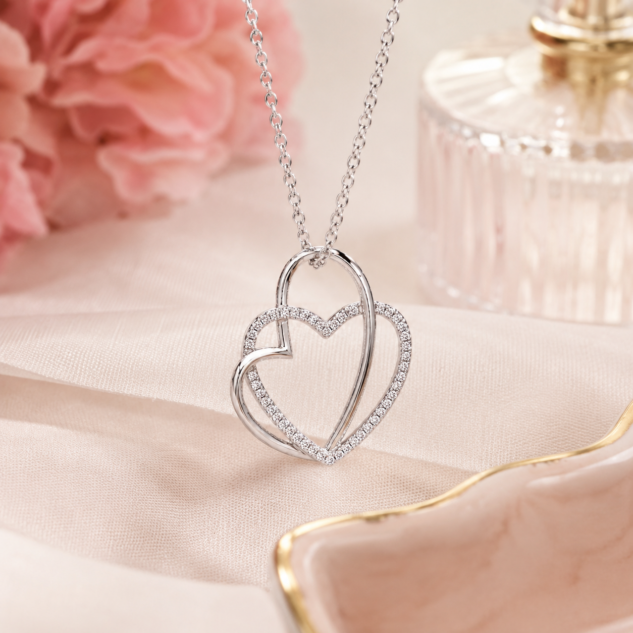Collier Cœurs Entrelacés en Argent 925 Rhodié & Zirconiums