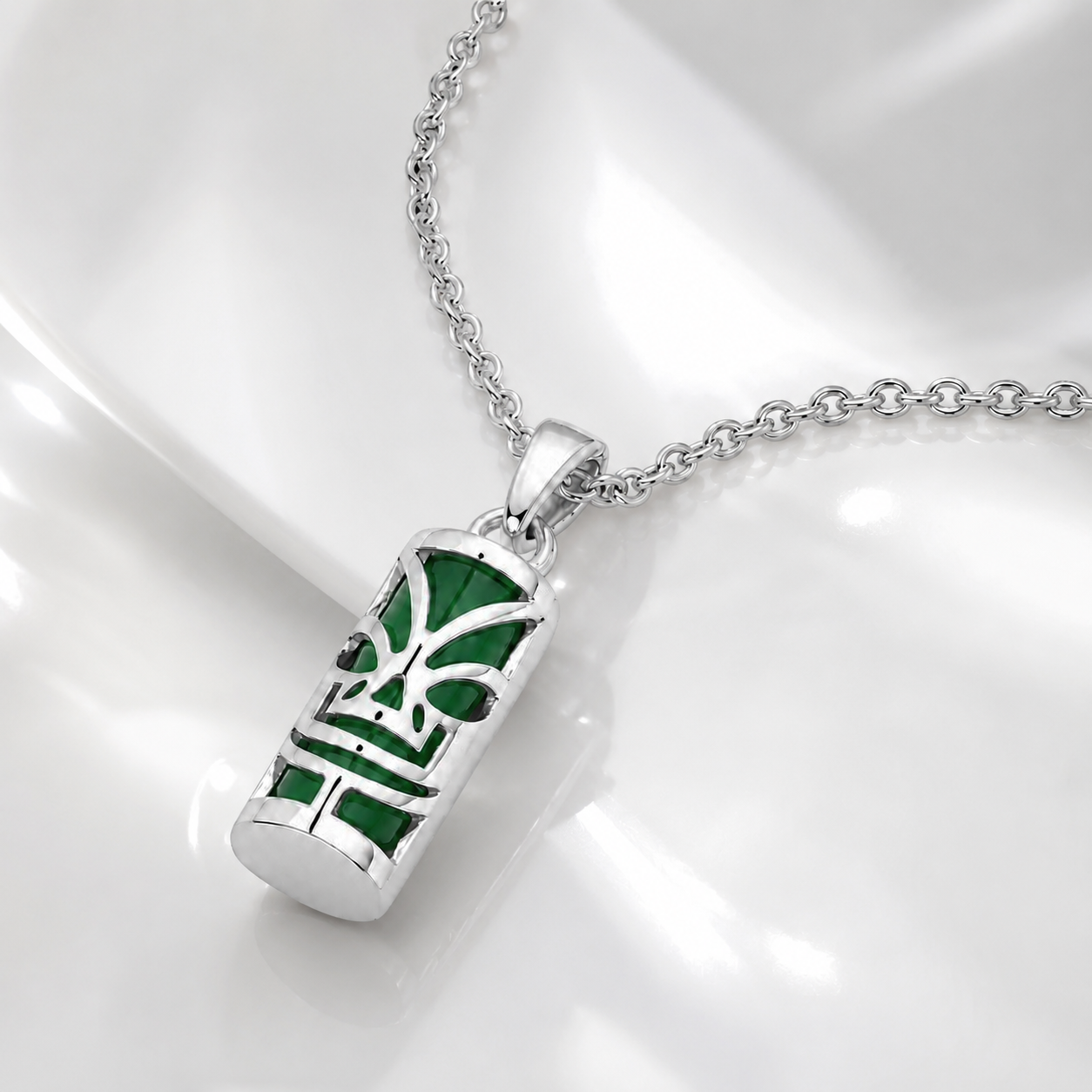 Collier petit Tiki en Argent 925 Rhodié & Agate Verte Naturelle – Unisexe