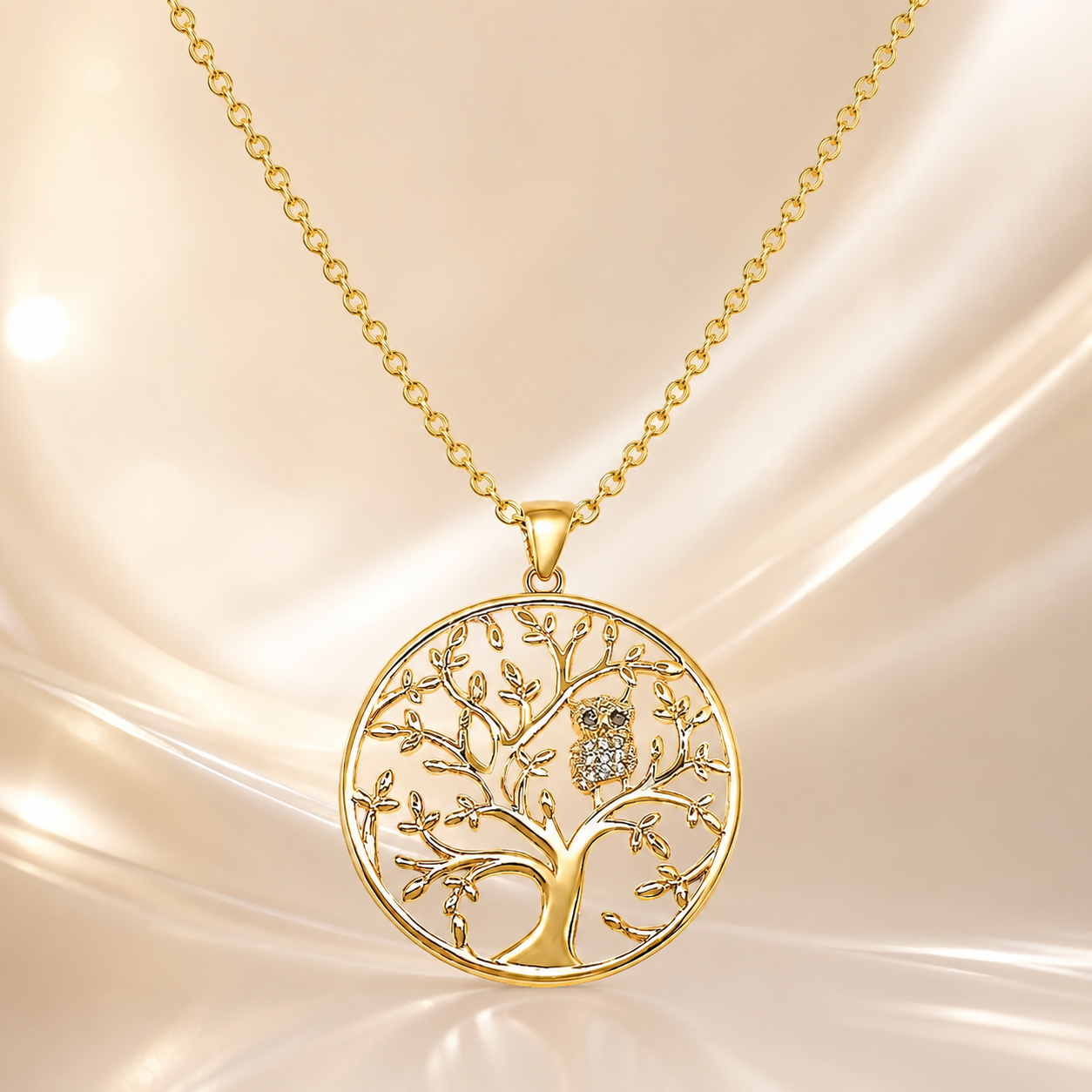 Collier Arbre de Vie & Hibou – Plaqué Or Jaune 18 Carats