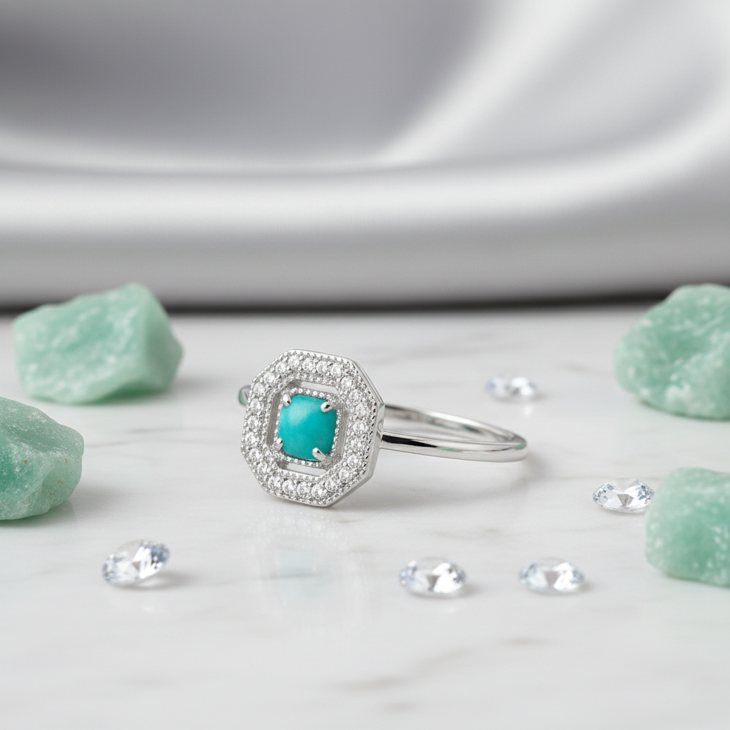 Bague en Argent 925 Rhodié avec Amazonite – Halo de Zirconium | Élégance & Protection