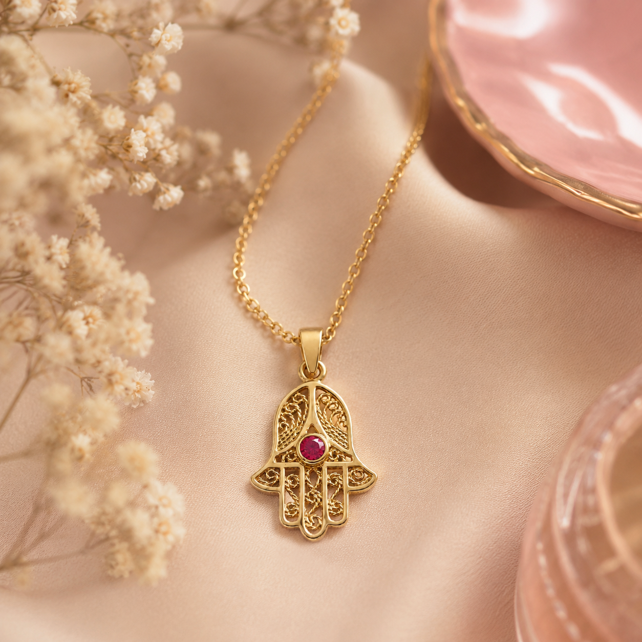Collier Main de Fatma Plaqué Or Jaune 18 Carats & Zirconium rouge
