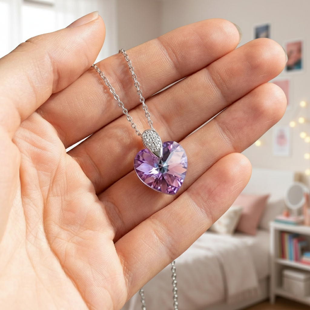 Collier Cœur en Argent 925 Rhodié & Cristal Violet