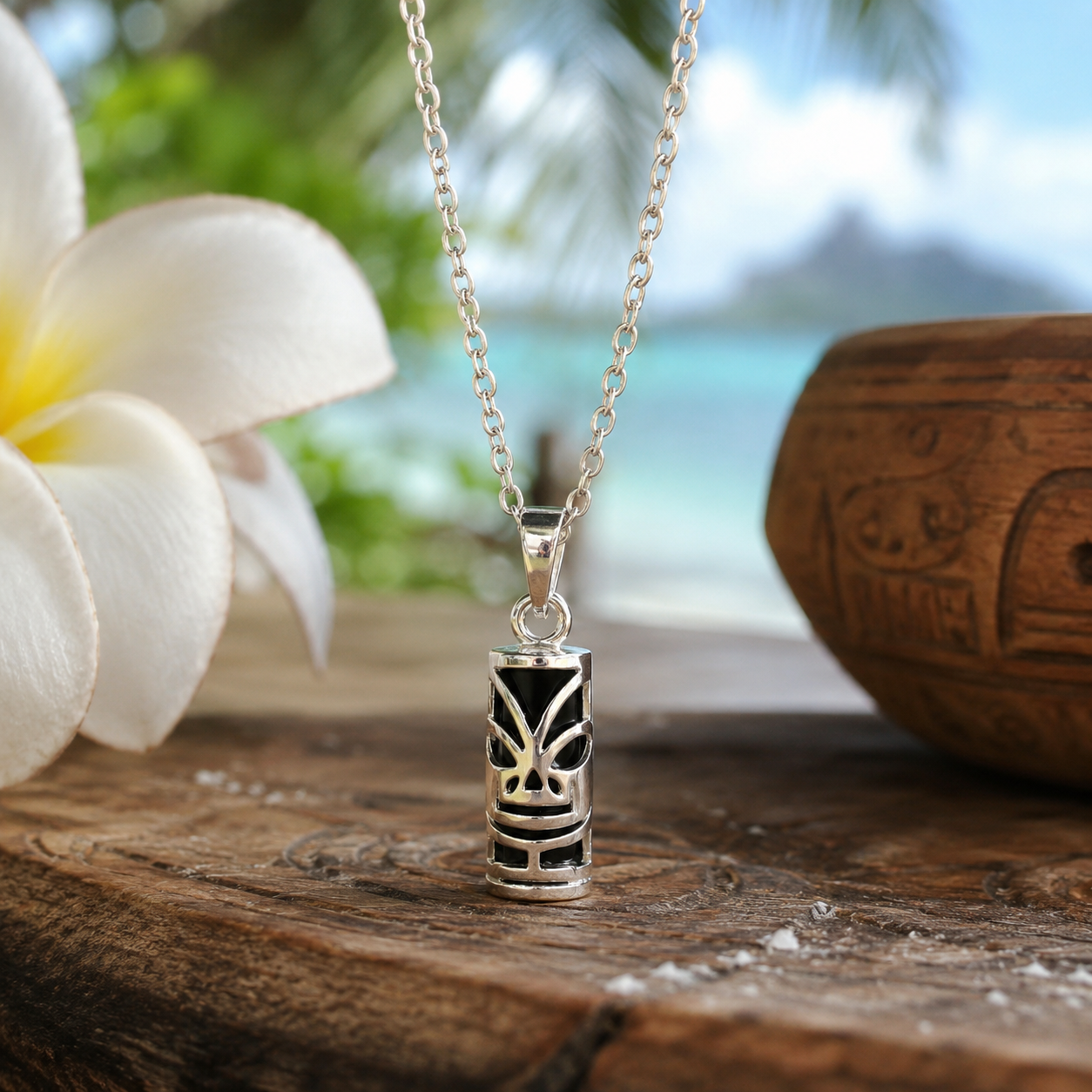 Collier Tiki en Argent 925 Rhodié & Onyx Synthétique