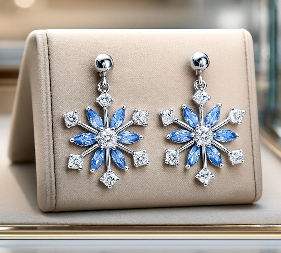 Boucles d’oreilles Flocon – Argent Rhodié & Zirconium Bleu et Blanc