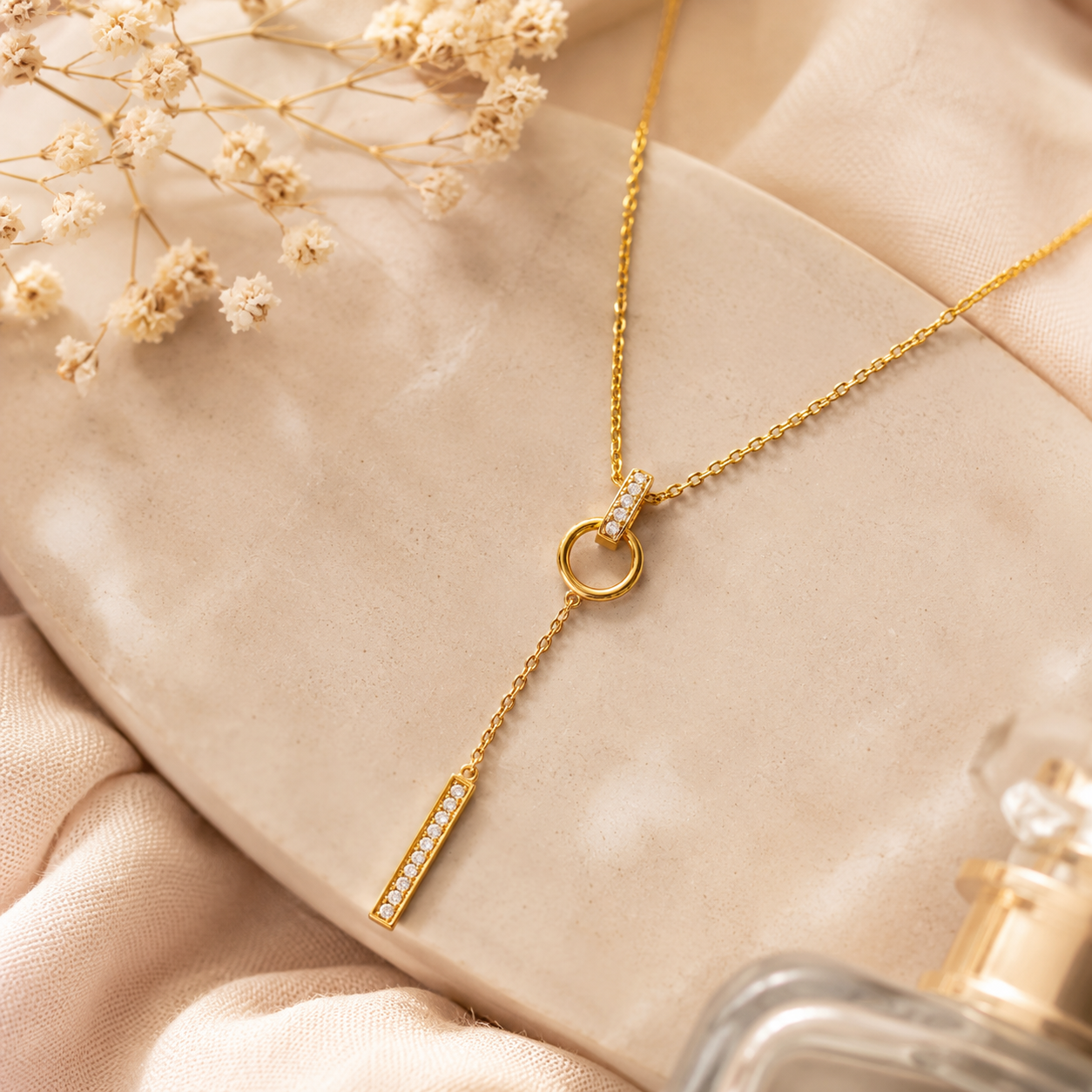 Collier Y Plaqué Or 18 Carats & Zirconiums