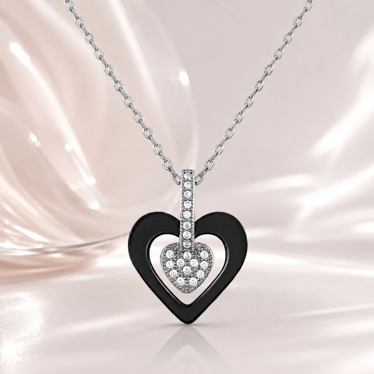 Collier Cœur Céramique Noire & Argent 925 Rhodié