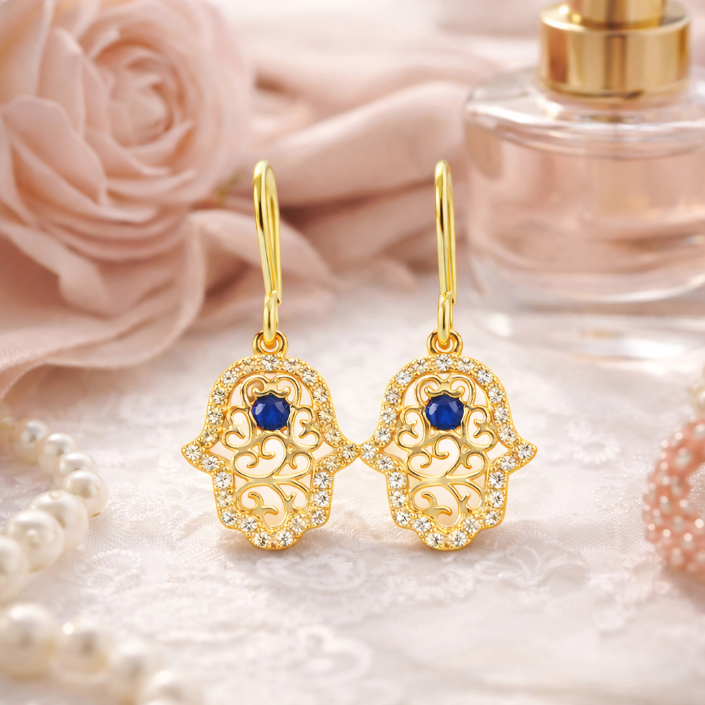 Boucles d’oreilles Main de Fatma – Plaqué Or 18 Carats & Zirconium