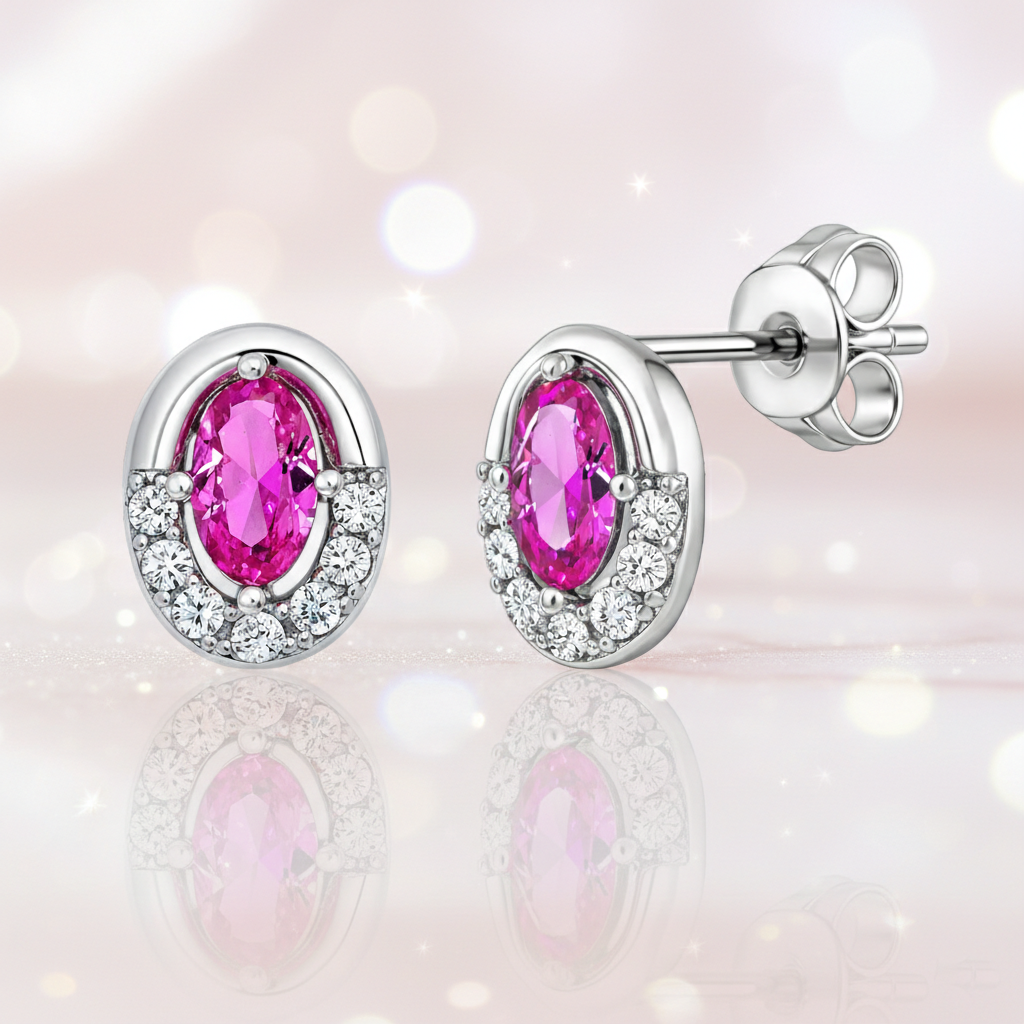 Boucles d’Oreilles Ovales Argent 925 Rhodié & Zirconium Rose