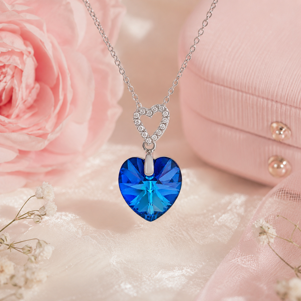 Collier Cœur Cristal Bleu & Argent 925 Rhodié