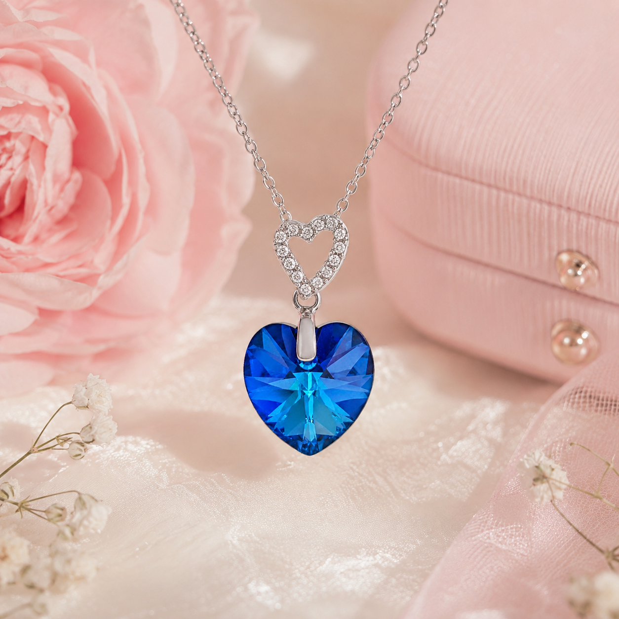 Collier Cœur Cristal Bleu & Argent 925 Rhodié