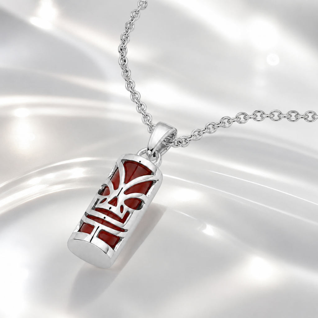 Collier petit Tiki en Argent 925 Rhodié & Agate rouge Naturelle – Unisexe