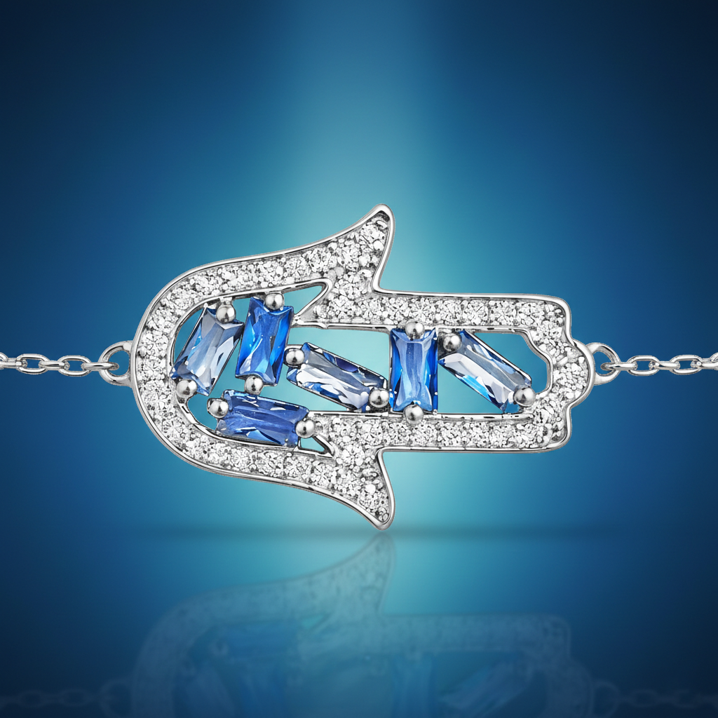 Bracelet Main de Fatma – Argent 925 & Zirconiums Bleus
