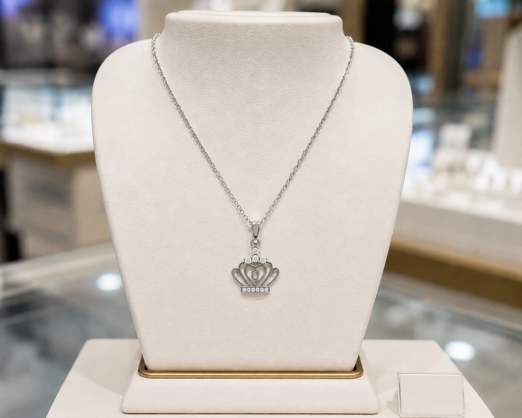 Collier Couronne Cœur Argent 925 Rhodié & Zirconiums
