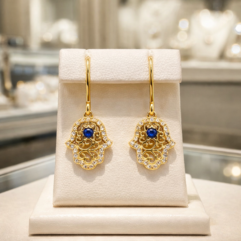 Boucles d’oreilles Main de Fatma – Plaqué Or 18 Carats & Zirconium