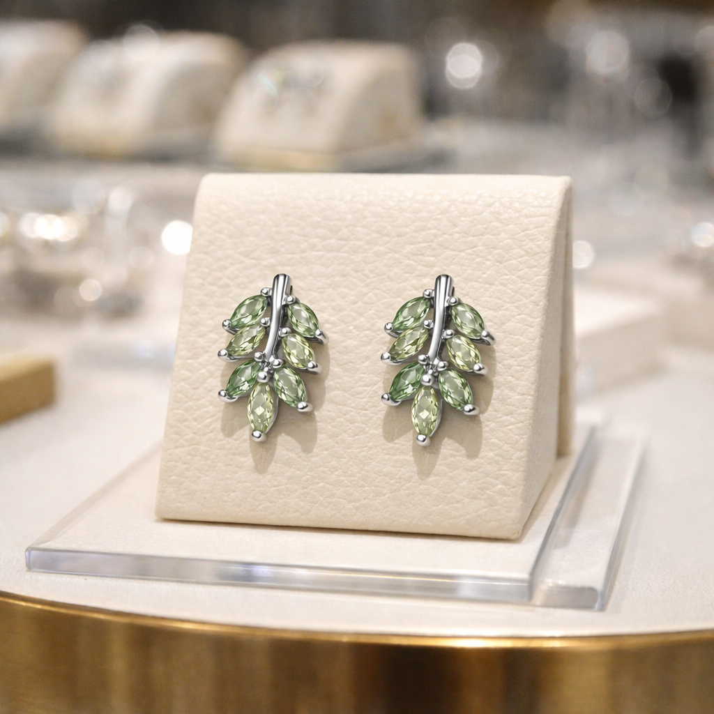 Boucles d’oreilles Feuillage en Argent 925 Rhodié & Zirconium Vert