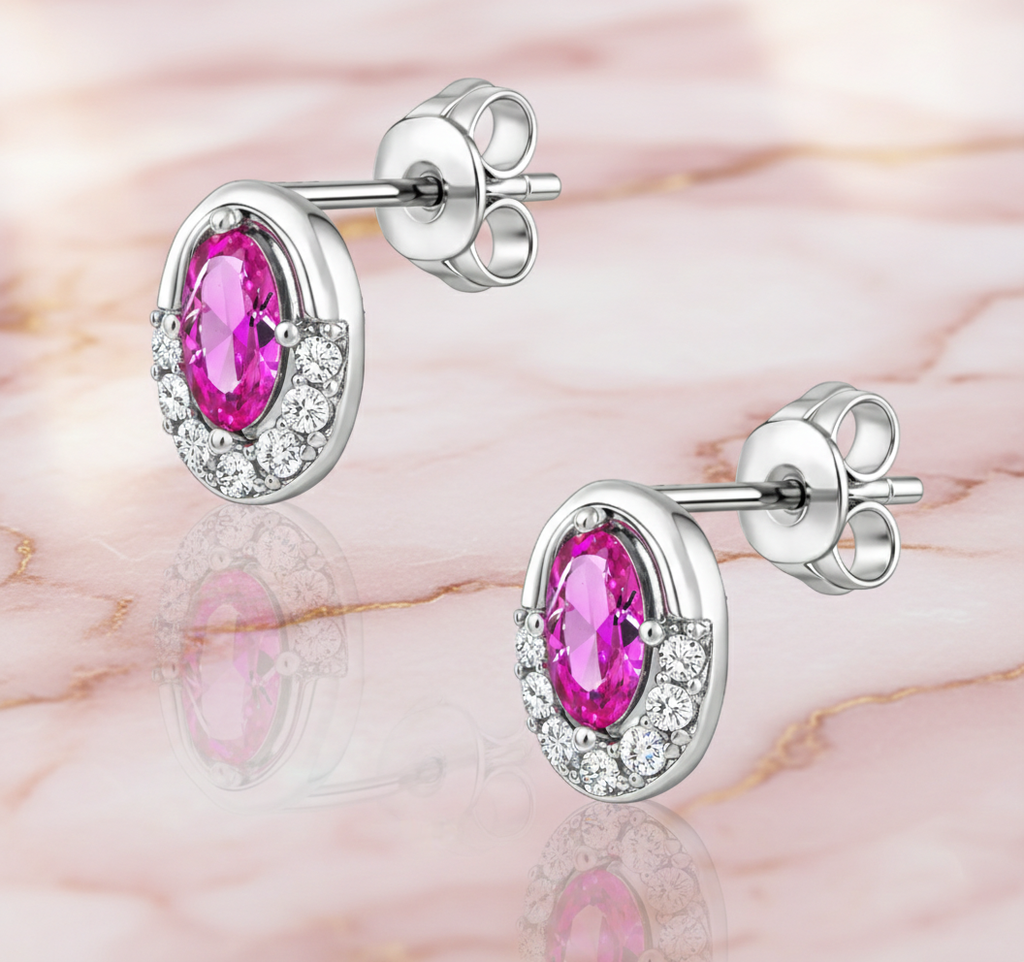Boucles d’Oreilles Ovales Argent 925 Rhodié & Zirconium Rose