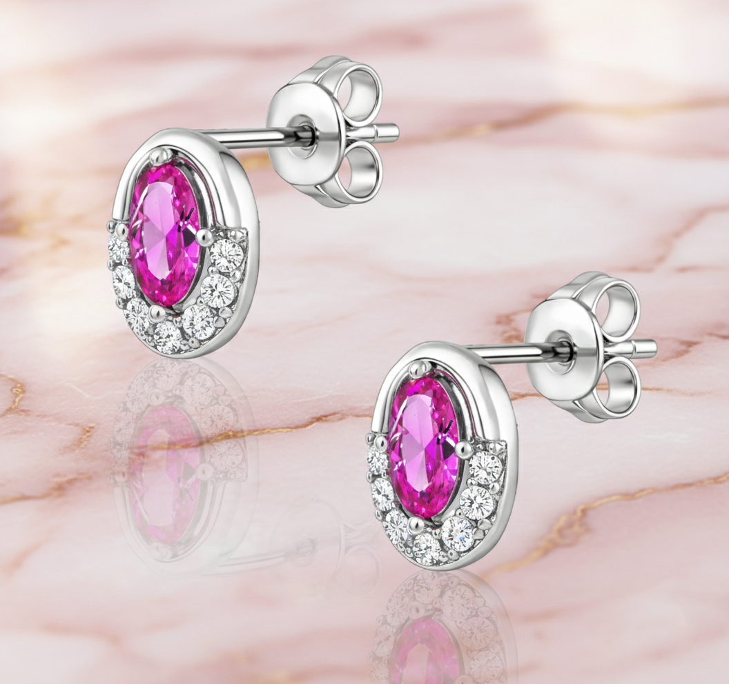 Boucles d’Oreilles Ovales Argent 925 Rhodié & Zirconium Rose