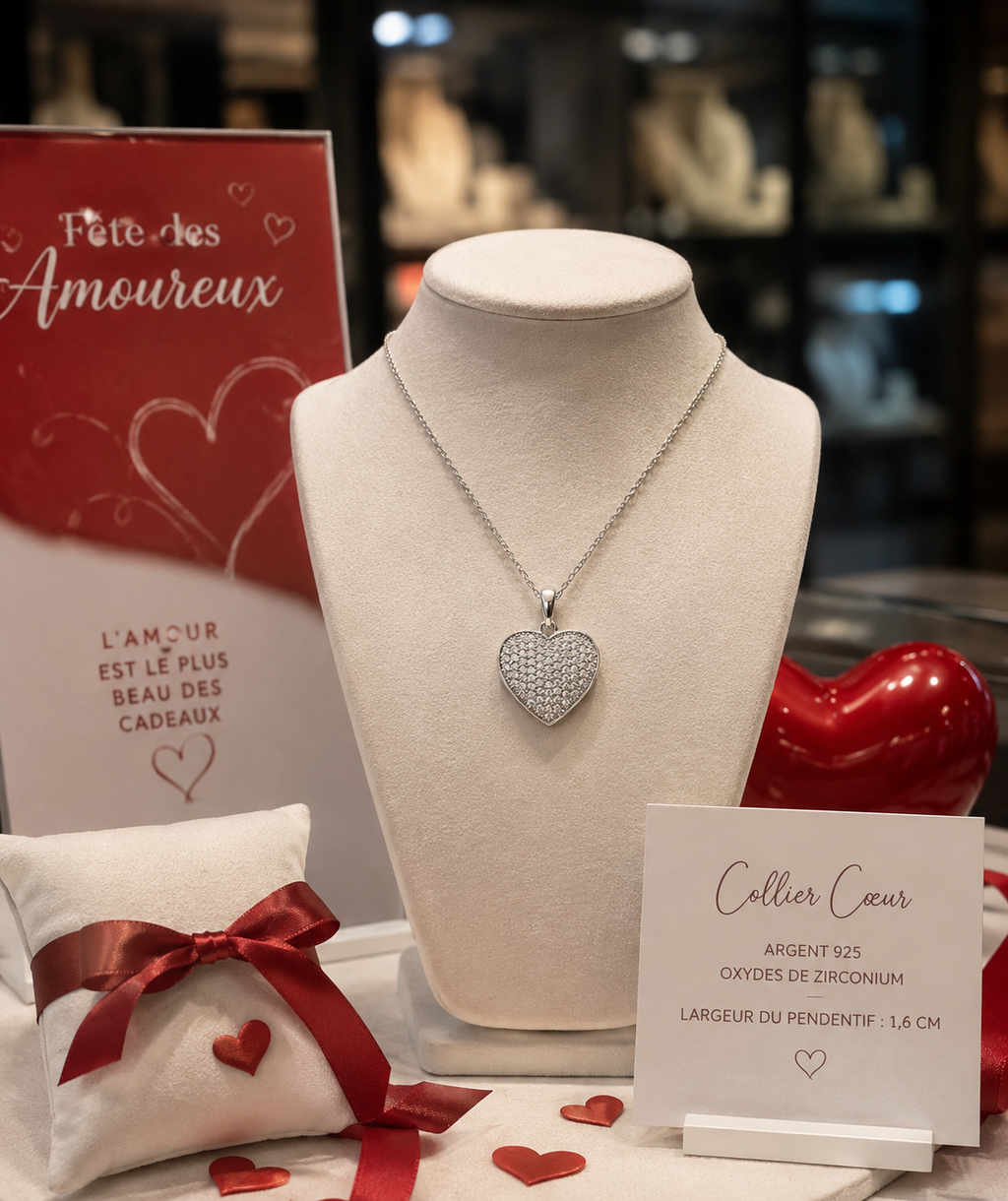 Collier Cœur Pavé Zirconium en Argent 925 Rhodié