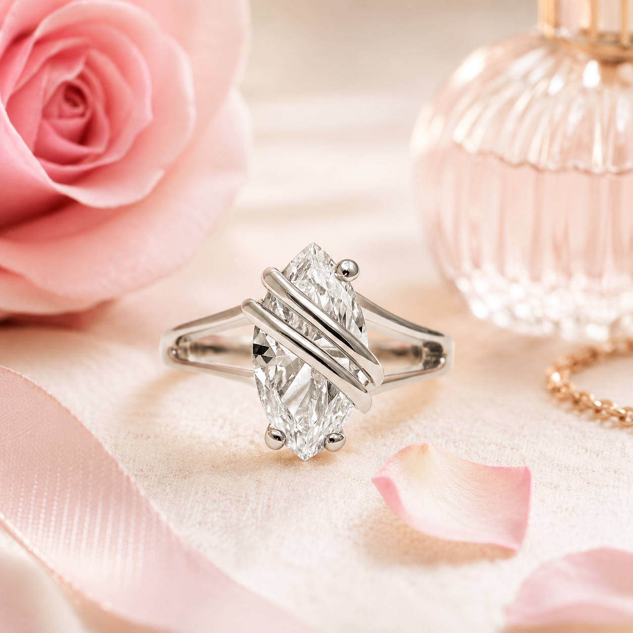 Bague Marquise Argent 925 Rhodié – Zirconium Taille Marquise – Design Moderne Croisé