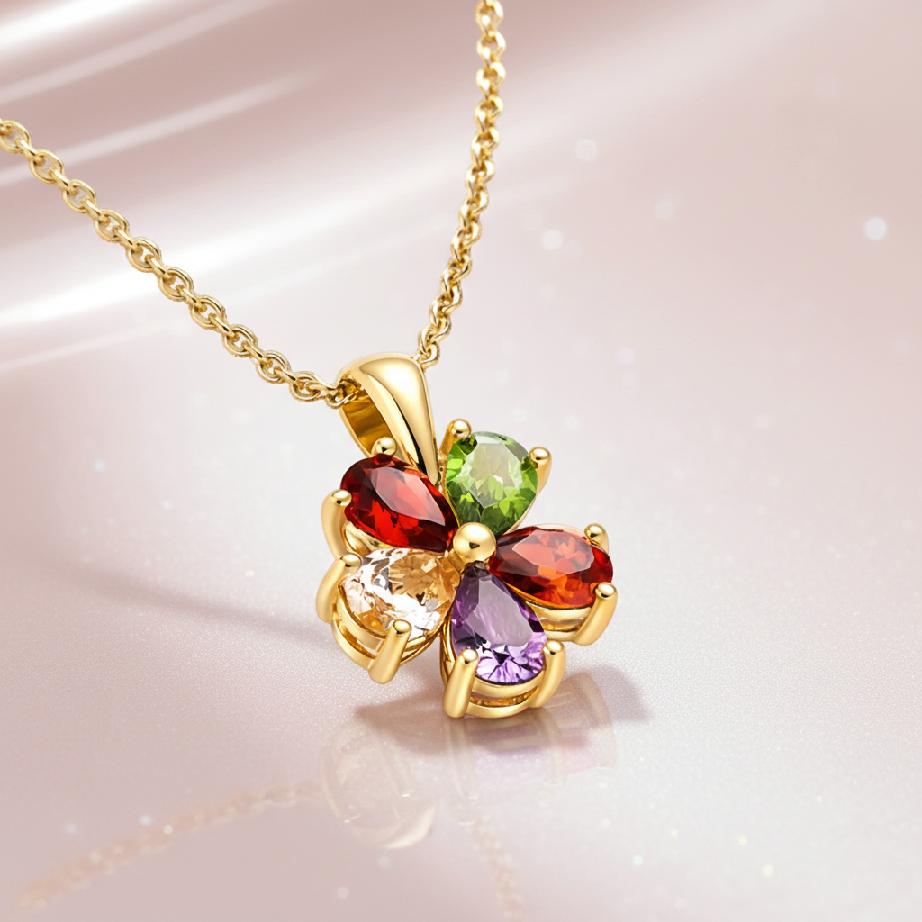 Collier Fleur Multicolore – Plaqué Or 18 Carats & Zirconium