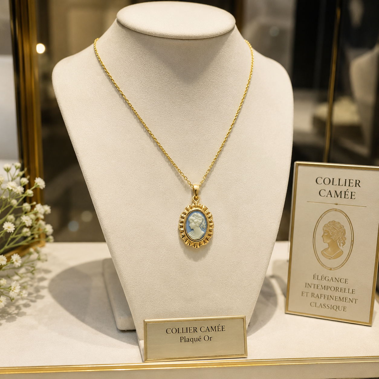 Collier Camée bleu Vintage – Plaqué Or 18 Carats & Résine