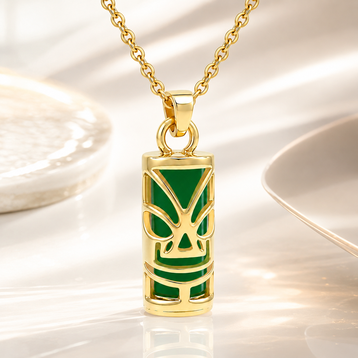 Collier Tiki en Plaqué Or 18 Carats & Agate Verte Naturelle