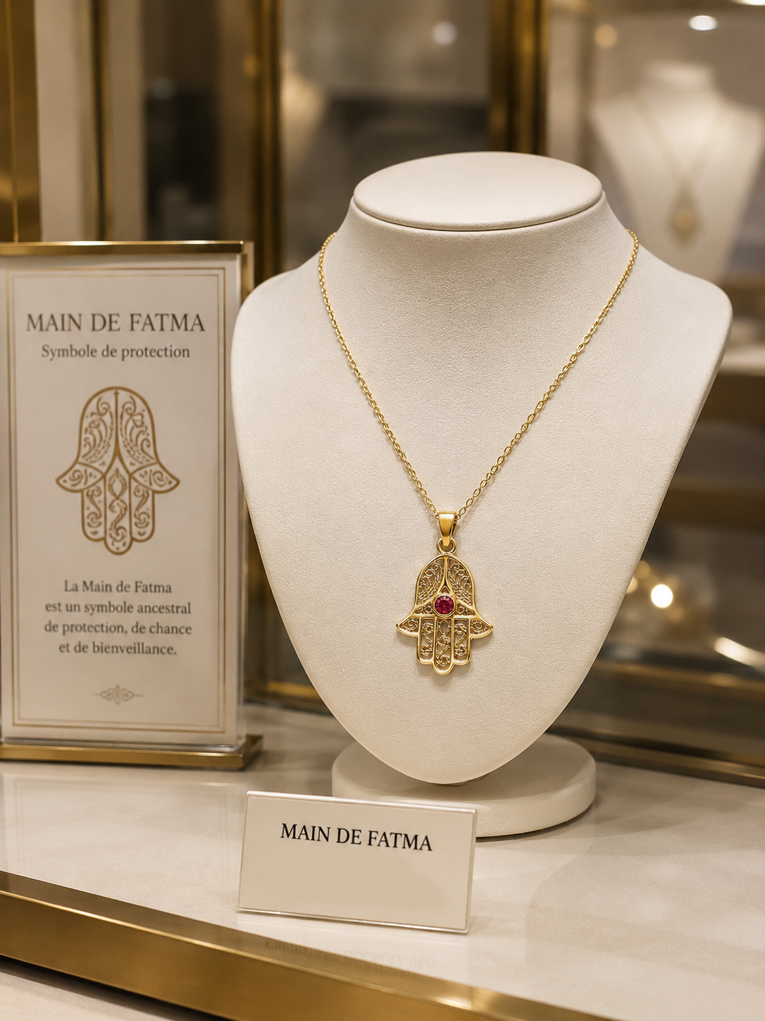 Collier Main de Fatma Plaqué Or Jaune 18 Carats & Zirconium rouge