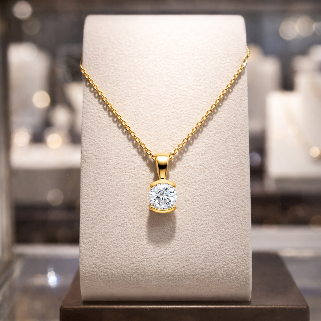 Collier Solitaire Zirconium 5 mm – Plaqué Or 18 Carats
