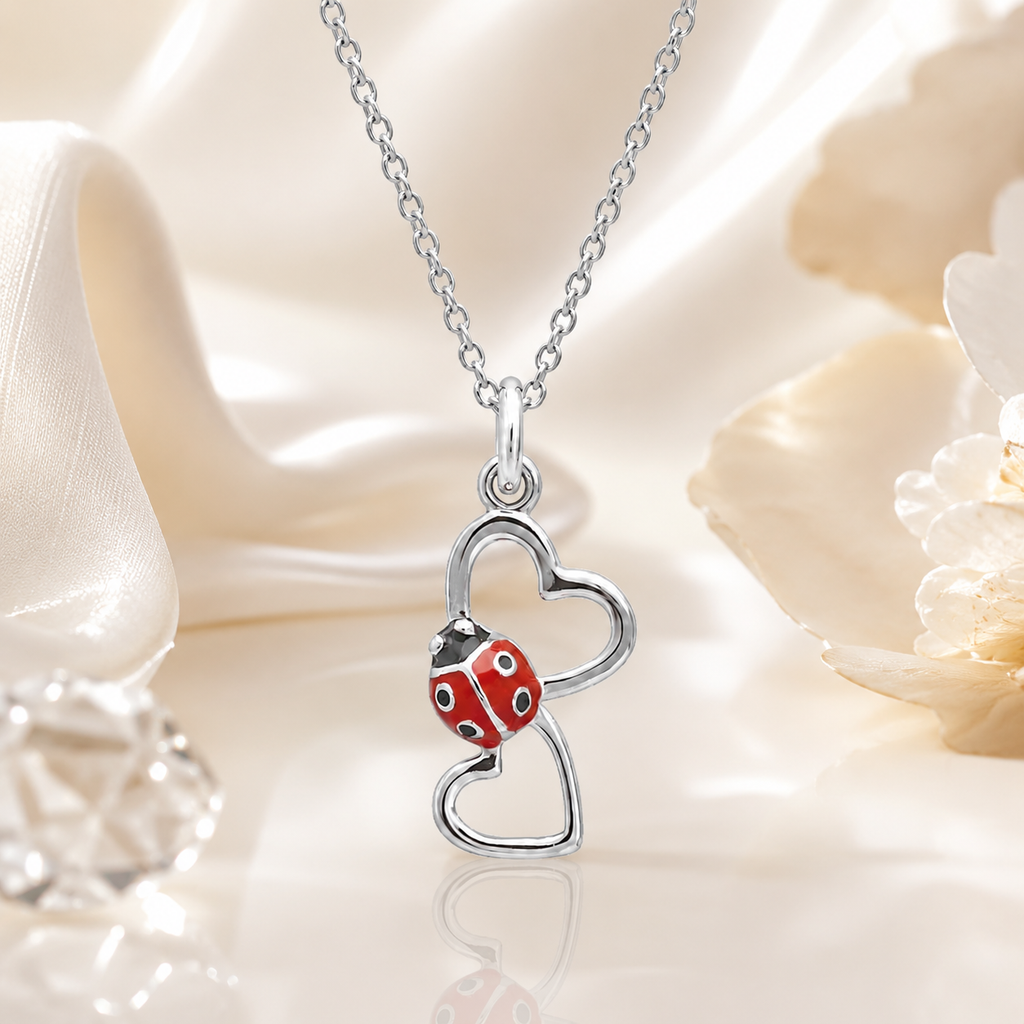 Collier Coccinelle 2 Cœurs en Argent 925 Rhodié & Laque Rouge