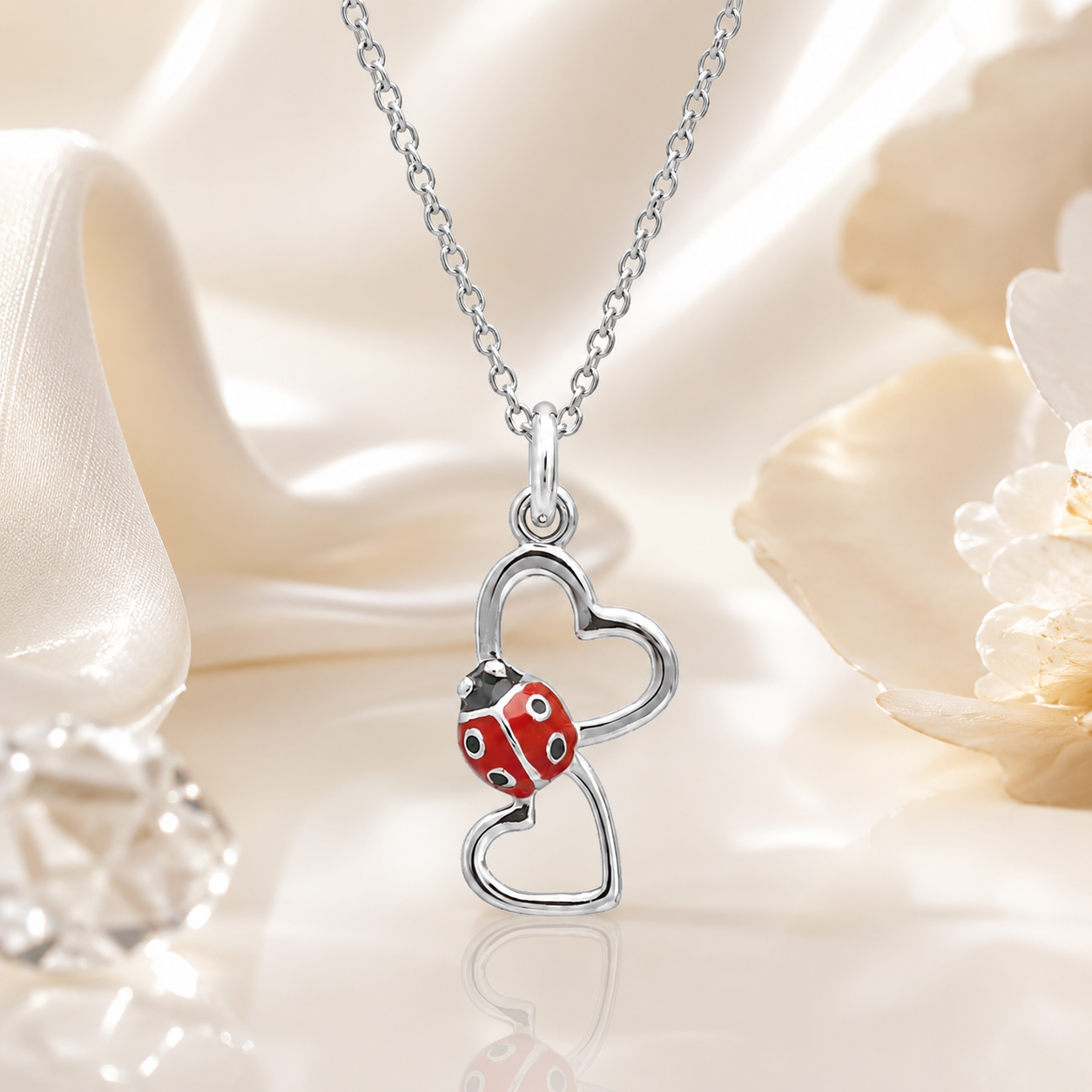 Collier Coccinelle 2 Cœurs en Argent 925 Rhodié & Laque Rouge