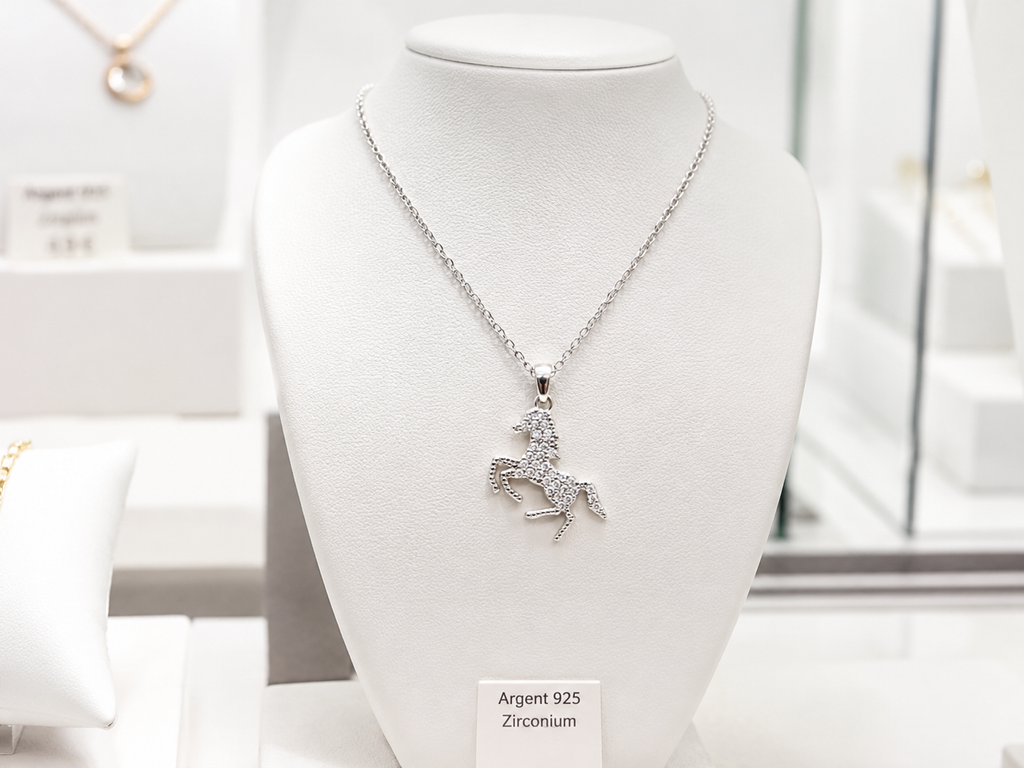 Collier Cheval en Argent 925 Rhodié & Zirconiums