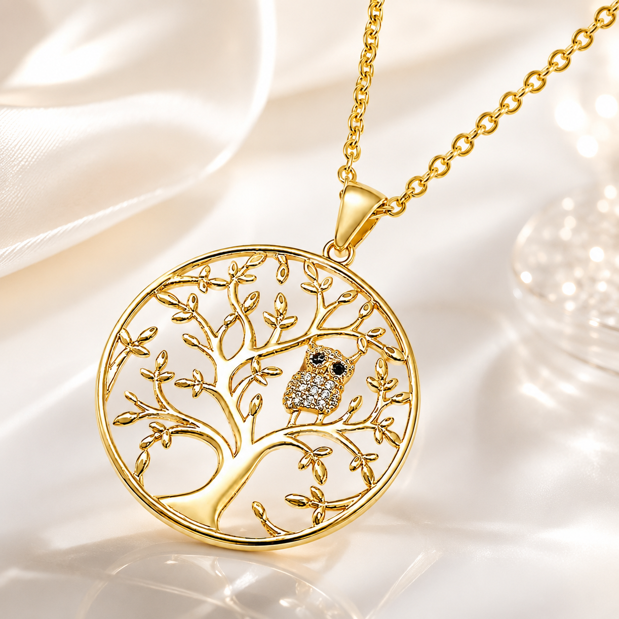 Collier Arbre de Vie & Hibou – Plaqué Or Jaune 18 Carats