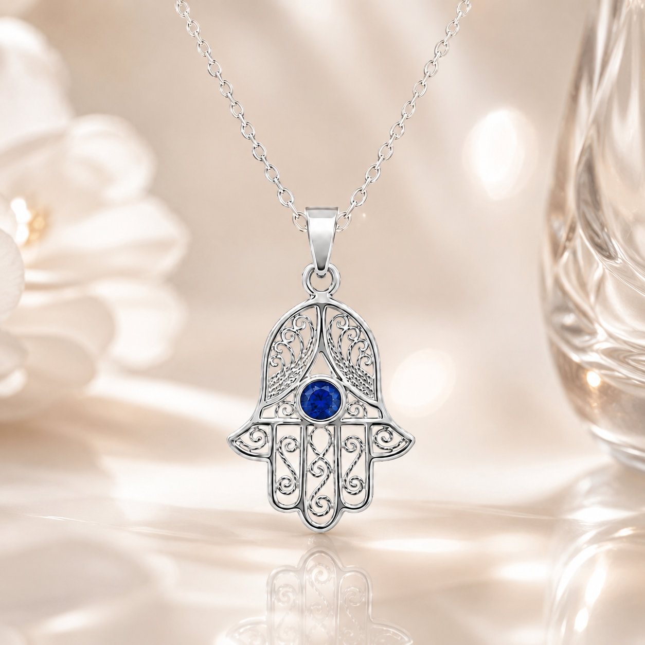 Collier Main de Fatma en Argent 925 Rhodié & Zirconium Bleu