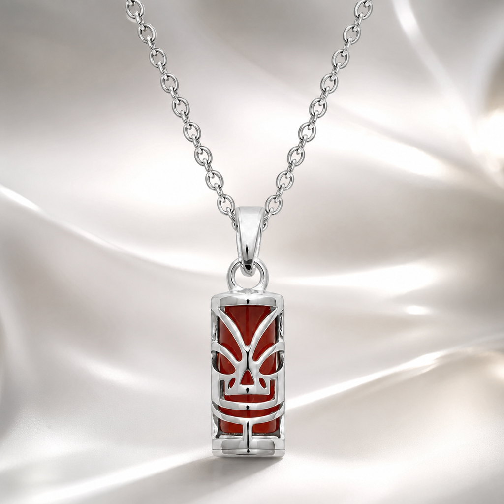 Collier petit Tiki en Argent 925 Rhodié & Agate rouge Naturelle – Unisexe