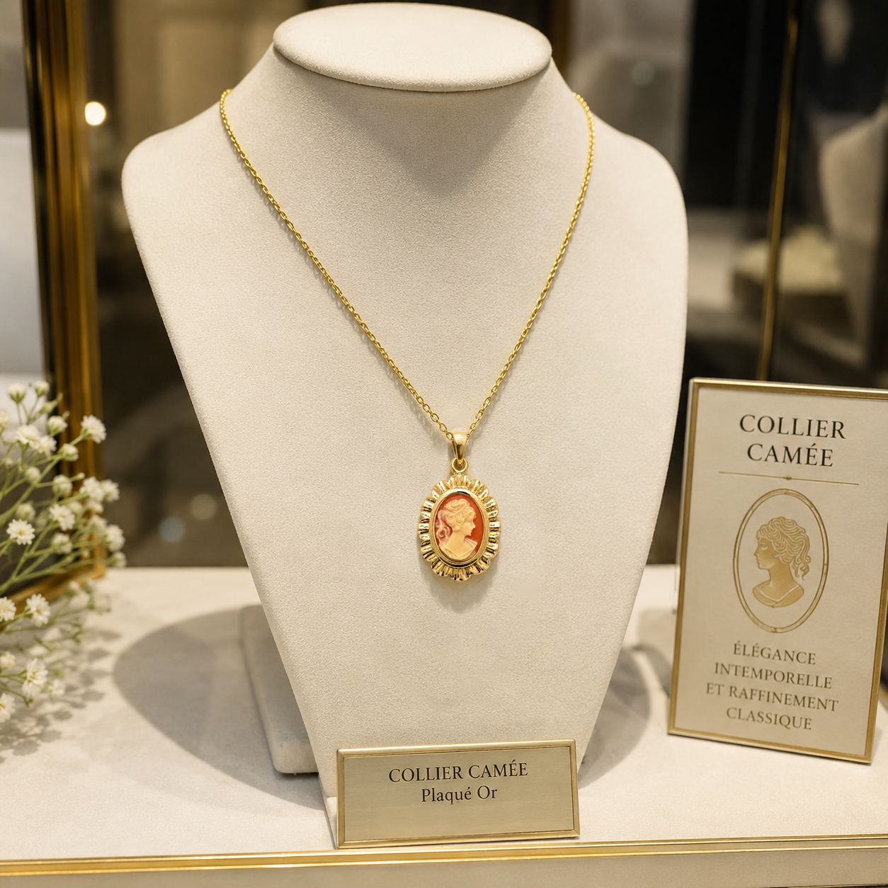 Collier Camée rouge Vintage – Plaqué Or 18 Carats & Résine