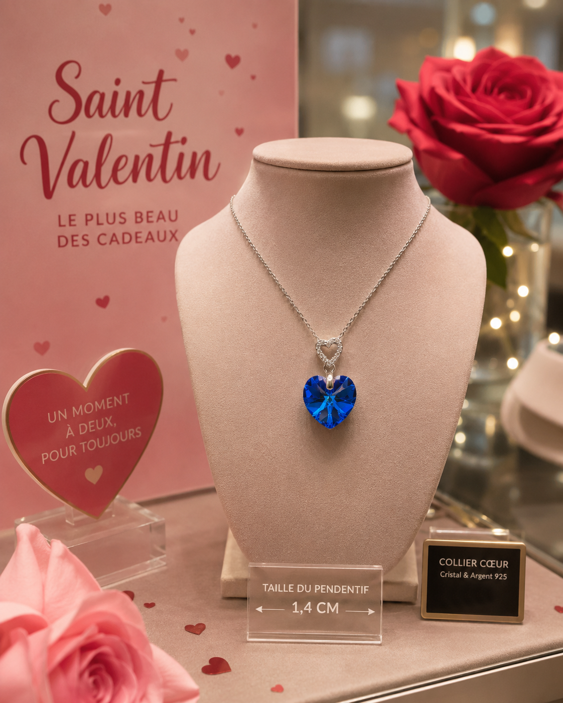 Collier Cœur Cristal Bleu & Argent 925 Rhodié